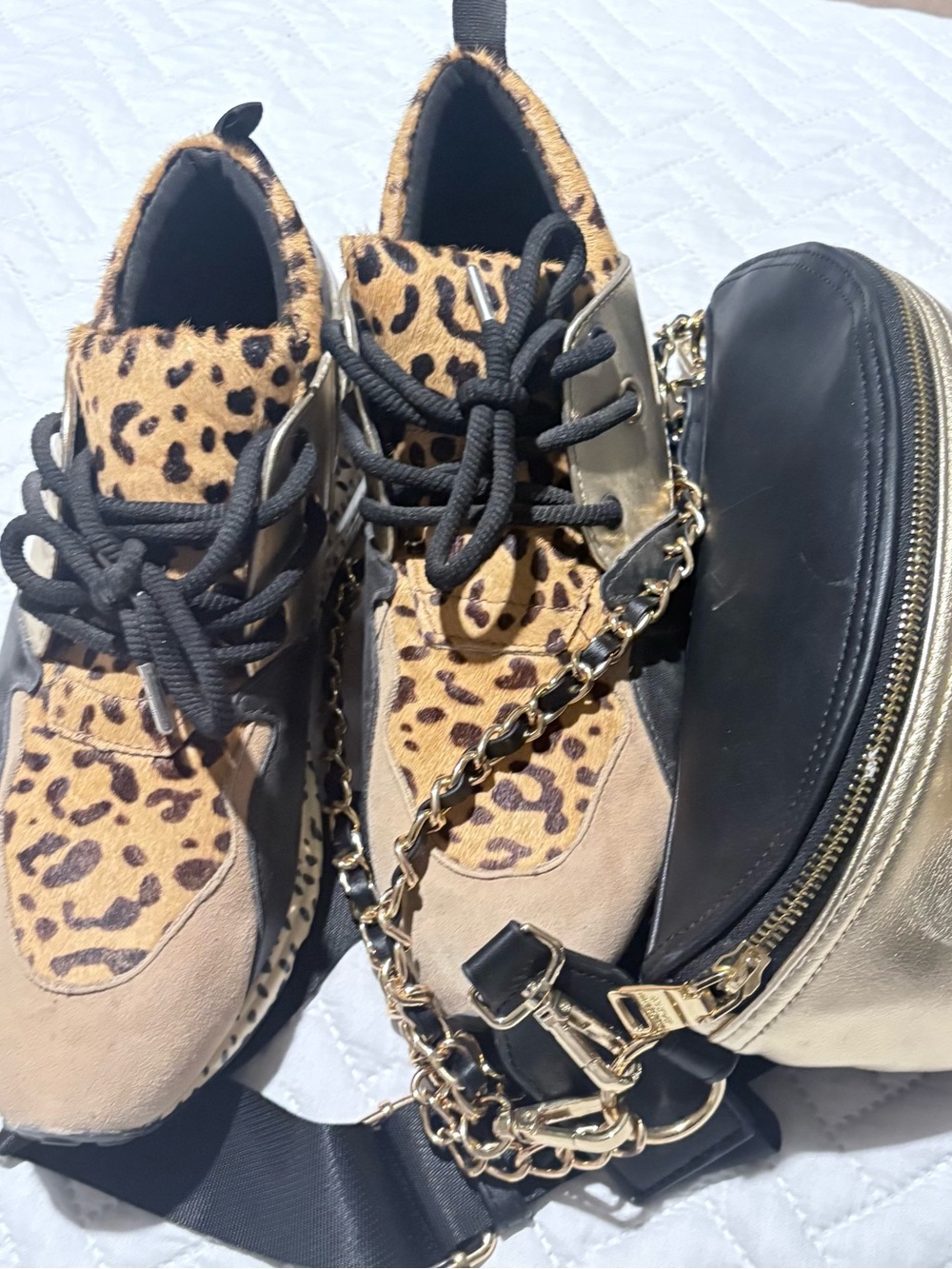 Leopard Print Lace-Up Women's Sneakers - Black/Tan